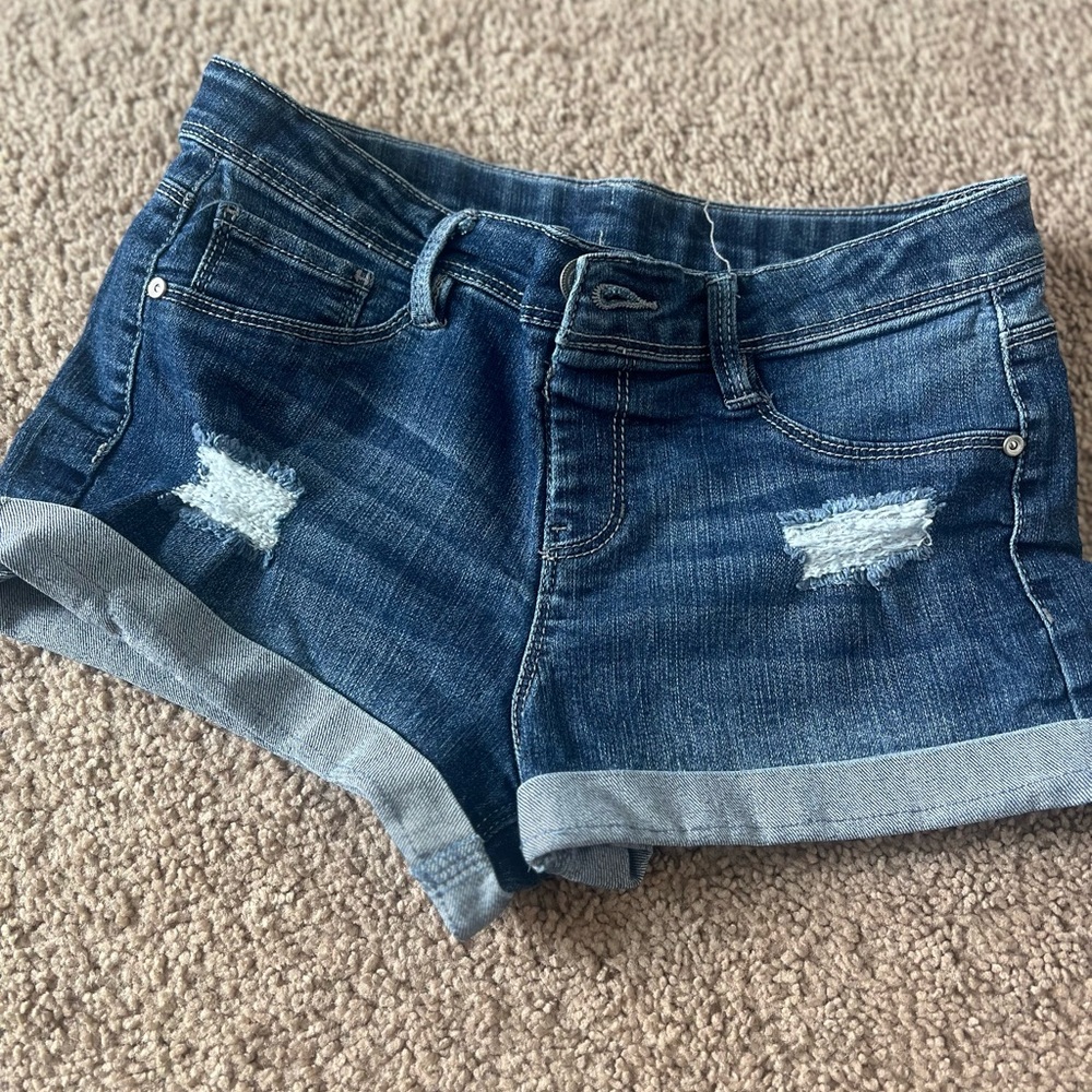 Girls Blue Distressed Denim Shorts with Cuffed Hems